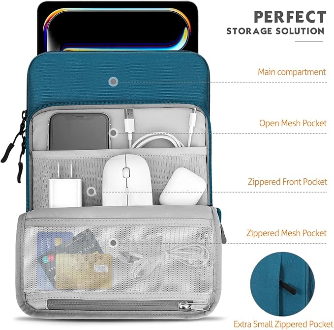 MoKo 12.9 Inch Tablet Sleeve Bag Carrying Case with Pockets Fits 13 Inch New iPad Pro M4 & Air M2 2024, iPad Pro 12.9 M2&M1, Surface Laptop Go 12.4", Galaxy Tab S8+/S9+ 12.4", Peacock Blue