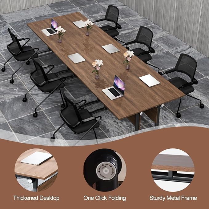 Conference Table, Foldable Conference Room Tables with Silent Wheels, Folding Modular Seminar Meeting Tables, Modern Rectangle Training Table for Office, Boardroom (4, Walnut, 47.2)