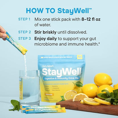 DAILYNOURI StayWell Digestive & Immunity Drink Mix | Supports Gut Health, Digestion, Immunity & Energy | Probiotics, Prebiotics, Colostrum & Daily Vitamins | 30 Stick Packs