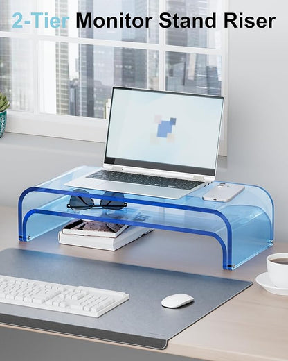 Acrylic Dual Monitor Stand Riser 2 Tier, Modular Laptop Stand for Desk, Multifunctional Desktop Organizer Shelf for PC, iMac, Printer, Detachable Monitor Stand for Office or Home, Blue