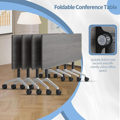 Conference Table, Foldable Conference Room Tables with Silent Wheels, Folding Modular Seminar Meeting Tables, Modern Rectangle Training Table for Office, Boardroom (8, Grey, 55.1)