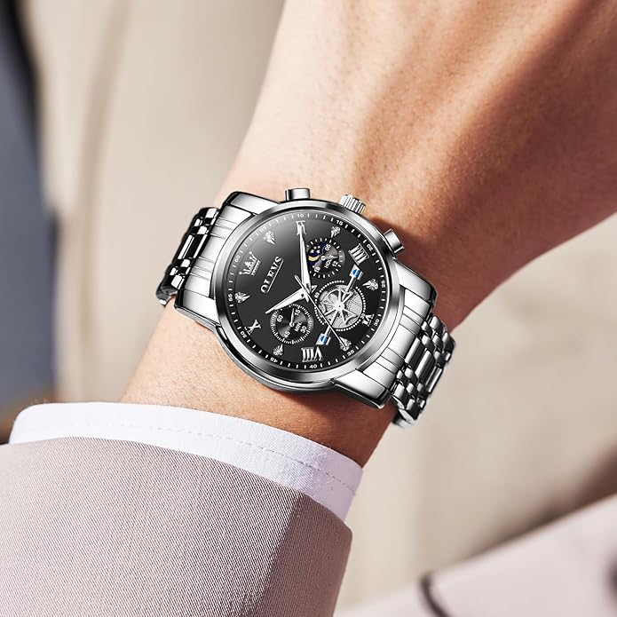 OLEVS Men Watches Stainless Steel Chronograph Watch, Large Wrist Analog Quartz Watch, Fashion Waterproof Diamond Roman Numerals Dress Watches for Men, Gold/Black/White/Blue/Grey Dial