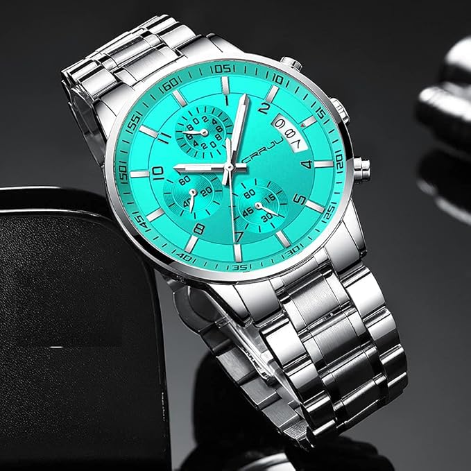 CRRJU Men's Fashion Stainless Steel Watches Date Waterproof Chronograph Wristwatches,Black Steel Band Waterproof Quartz Watch for Men