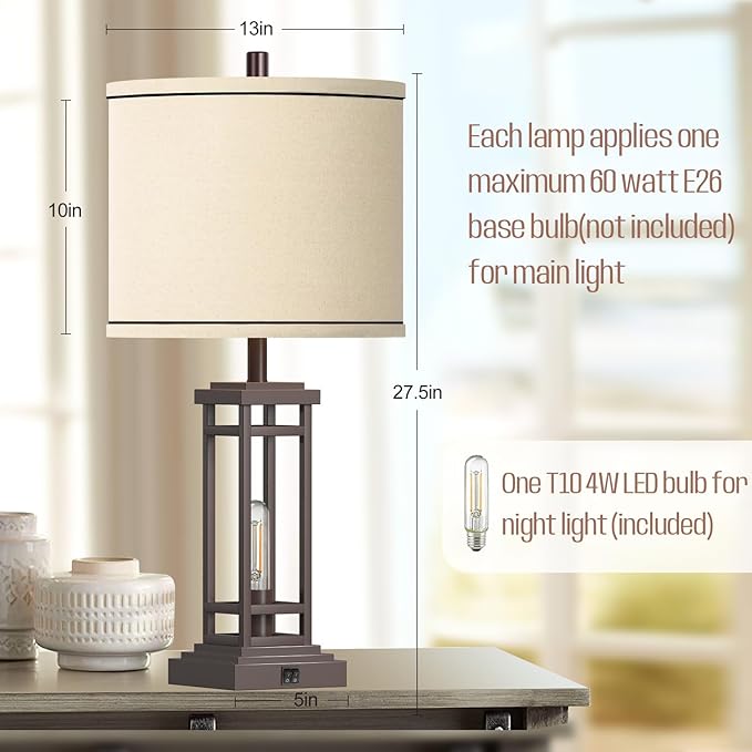 27.5 Tall Farmhouse Table Lamps with USB C + USB A Charge Ports, Rustic Living Room Lamps Set of 2, Black Industrial End Table Lamp for Bedroom Living Room Nightstand (Oil-Rubbed Bronze)