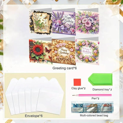 6PCS Diamond Art Painting Greeting Card Set, Birthday Pattern Cards with Envelopes,DIY Card Making Kits Thank You Card Arts Crafts for Birthday