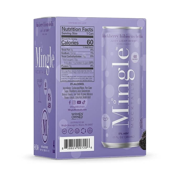 Mingle Mocktails - Blackberry Hibiscus Bellini, Cranberry Cosmo, Key Lime Margarita, Blood Orange Elderflower Mimosa, Cucumber Melon Mojito, Sparkling Raspberry Rose, Variety Pack, Premium Non Alcoholic Cocktails,12 FL OZ Cans (24 Pack Cans)
