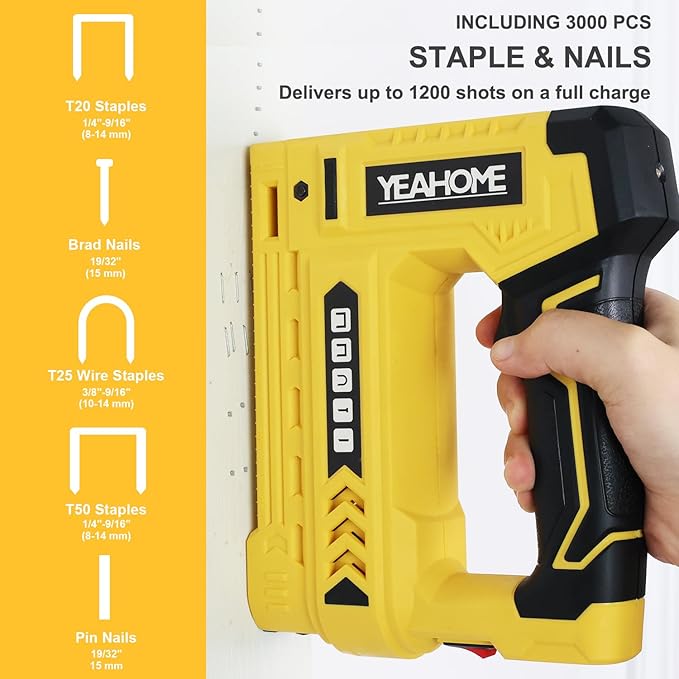 YEAHOME Electric Staple Gun, 5 in 1 Cordless Staple Gun for Upholstery with 1200 5/16" Staples, 600 1/2" U-Shape Staples, 600 19/32” pin Nails, 60019/32” Nails and 1 USB Charger Cable