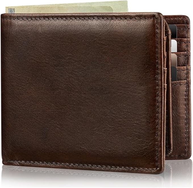 Mens Wallet Bifold Genuine Leather RFID Blocking Wallet for Men with 2 ID Windows 11 Card Holders 2 cash pockets 1 Gift Box