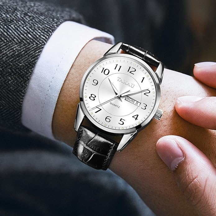 Men's Watch Big Face Easy Read Arabic Numeral Dress Watches for Men Classic Black Brown Leather Band Analog Mens Wrist Watch with Day and Date Fashion Business Waterproof Luminous Quartz Watch
