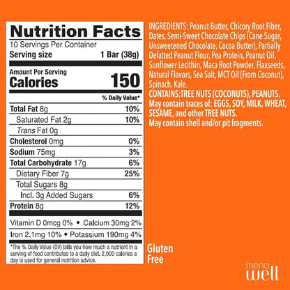 MenoWell Menopause and Perimenopause Protein Bars for Women, Weight Management Support, Peanut Butter Chocolate, 25% Daily Fiber, Prebiotic, Plant-Based, 7g of Protein, 3g Added Sugar, 10 Count (Pack of 1)