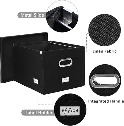 File Organizer Collapsible Storage Box for Office File Box with Lids Document Organizer for Office and Home Easy Slide Durable Hanging File Box (Black)