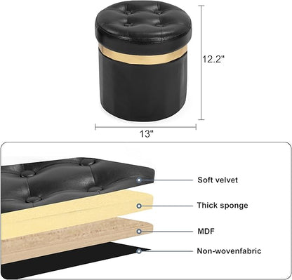 Small Ottoman with Storage,Folding Round Ottoman with Gold Trim,Velvet Storage Stool,Foot Stool with Soft Padded,Foot Rest for Living Room13“x13”x12.4(YZblack,1pcs)