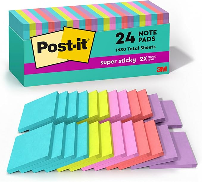 Post-it Super Sticky Notes, 24 Sticky Note Pads, 3 x 3 in., School Supplies, Office Products, 2X The Sticking Power, Supernova Neons Collection (Pack of 8)