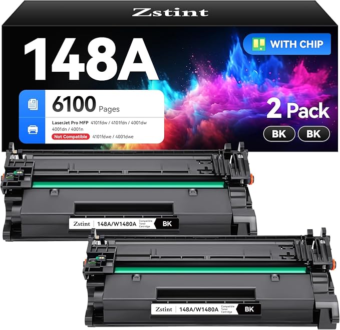 148A W1480A Black Toner Cartridge set 2-Pack High Yield with Chip Replacement for HP 148A W1480A 148X W1480X Cartridges Compatible with HP LaserJet Pro MFP 4101fdw 4101fdn 4001dw 4001dn 4001n Printer