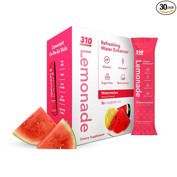 310 Nutrition Electrolyte Lemonade Powder No Sugar - Watermelon Water Flavoring Packets - Hydration & Energy Drink Mix - Zero Sugar, Low Calorie Water Enhancer - 30 Singles - Made in The USA