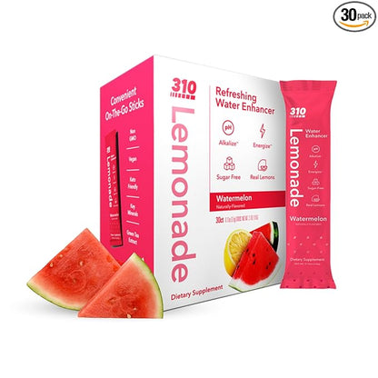 310 Nutrition Electrolyte Lemonade Powder No Sugar - Watermelon Water Flavoring Packets - Hydration & Energy Drink Mix - Zero Sugar, Low Calorie Water Enhancer - 30 Singles - Made in The USA