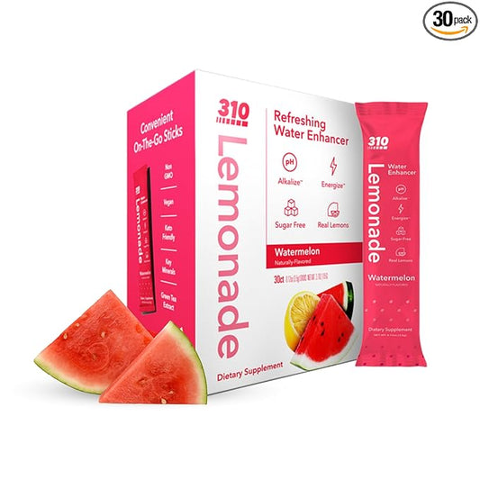 310 Nutrition Electrolyte Lemonade Powder No Sugar - Watermelon Water Flavoring Packets - Hydration & Energy Drink Mix - Zero Sugar, Low Calorie Water Enhancer - 30 Singles - Made in The USA