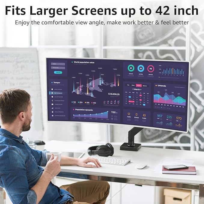 MOUNTUP Single Monitor Mount with USB Fits 49 42 40 35 34 32 27 24 inch Large Screen, Heavy Duty Monitor Arm, Gas Spring Monitors Stand for Desk, Holds 4.4-33 lbs, Ultrawide Monitors Arm, VESA Mount