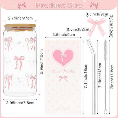 Coquette Pink Bow Glass Cup with Lids and Straws, 16 oz Cute Glass Cup, Aesthetic Iced Coffee Tumbler with Gift Box Cleaning Brush for Teen Girls Gifts Trendy Stuff Women Girlfriends Gifts