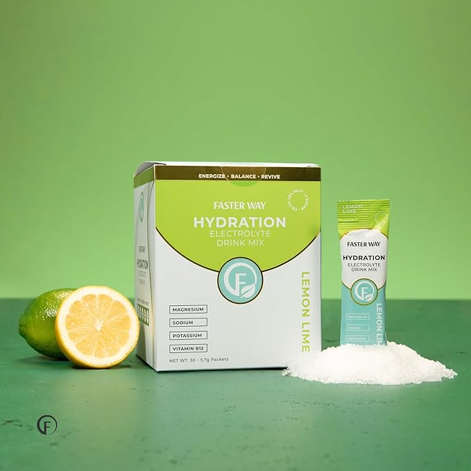 Faster Way - Hydration - Electrolyte Drink Mix - With Apple Cider Vinegar, Choline, Probiotics & Natural B Vitamins - Energize & Revive - Powder Packets - Zero Sugars -Gluten Free -Lemon Lime -30 Pack