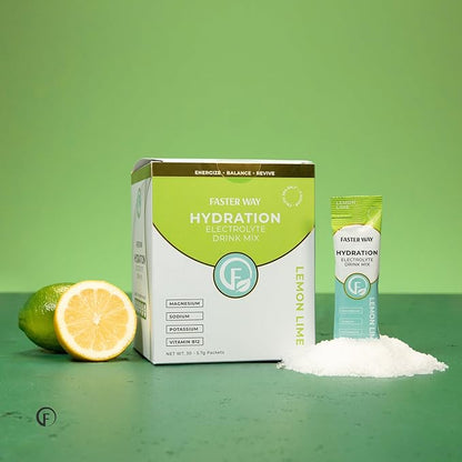 Faster Way - Hydration - Electrolyte Drink Mix - With Apple Cider Vinegar, Choline, Probiotics & Natural B Vitamins - Energize & Revive - Powder Packets - Zero Sugars -Gluten Free -Lemon Lime -30 Pack