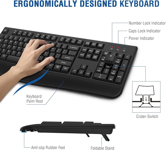 Wireless Keyboard and Mouse Combo, EDJO 2.4G Full-Sized Ergonomic Computer Keyboard with Wrist Rest and 3 Level DPI Adjustable Wireless Mouse for Windows, Mac OS Desktop/Laptop/PC