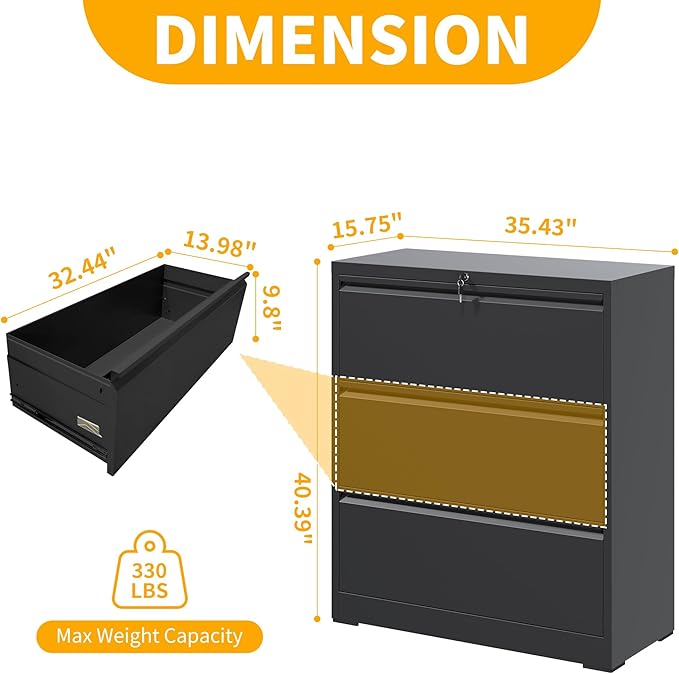 File Cabinet with Lock, 3 Drawer Lateral Filing Cabinet for Home Office, Black Metal Heavy Duty File Cabinets for Hanging Letter/Legal/F4/A4 Size Files, Assembly Required