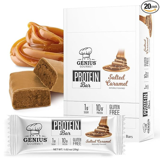 Genius Gourmet Protein Bar, Salted Caramel Keto Snack, Low Carb, Low Sugar & Gluten Free, Protein Snacks for Adults, 10G of Whey Protein per Protein Bar, 5 Net Carbs, 20 Count