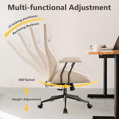 Mid Century Modren Office Chair - High Back Swivel Executive Chair with Lumbar Support,Ergonomic Computer Desk Chair with Wheels,Faux Lether Suede Task Chair,350lbs (Beige, High Back)