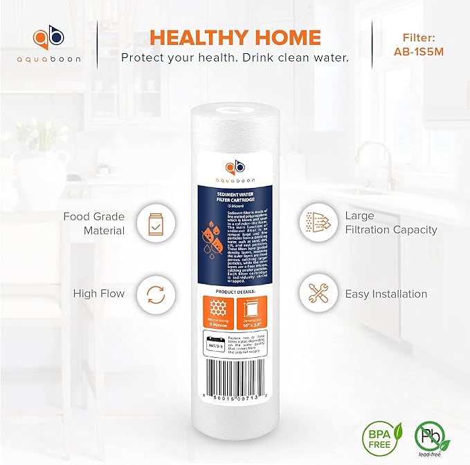 Aquaboon 5 Micron 10 x 2.5 Sediment Filter - Whole House Water Filter Replacement Compatible with Well Water Filters - P5, AP110, WHKF-GD05, 4 Pack