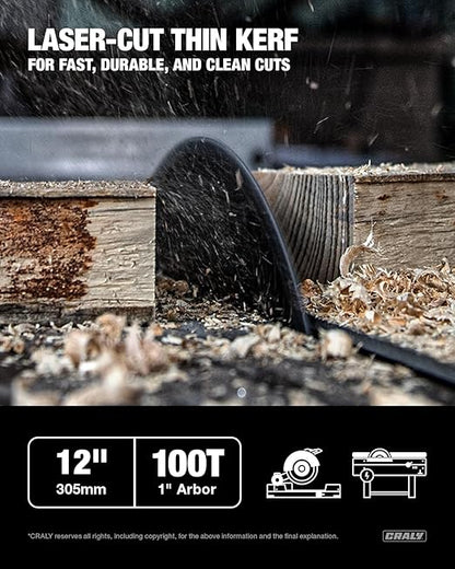 CRALY 12 Inch 100 Teeth Ultra Fine Finish Wood Cutting Circular Saw Blade, 1 Inch Arbor, Carbide Tipped, Thin Kerf, Black Ice Coating, for Wood Cutting Table Saw, Miter Saw(C12100FF)
