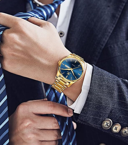 OLEVS Men's Luxury Watch Waterproof Luminous Easy Read Chronograph Watches Full Gold/White Dail/Black Face with Calendar Wristwatch