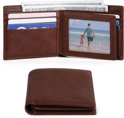 VISOUL Leather Wallets Bifold for Men with 2 ID Windwows, Men's Designer Card Holder Wallets with RFID Blocking (Brown)