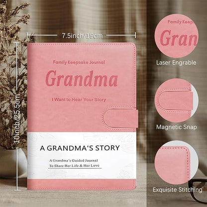 Artmag Grandma's Life Story Journal with 250+ Prompt Questions, Family Keepsake Book Leather Cover for Grandma to Share Her Memories for Birthday Mother's Day Christmas (Pink)