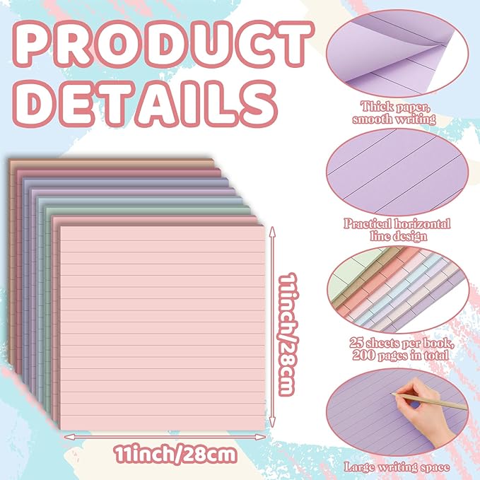8 Pads Big Sticky Notes 11 x 11 Inch Lined Jumbo Large Sticky Notes for Wall,Giant Strong Power Memo Square Post for Office, 25 Sheets/Pad(Aesthetics Color)
