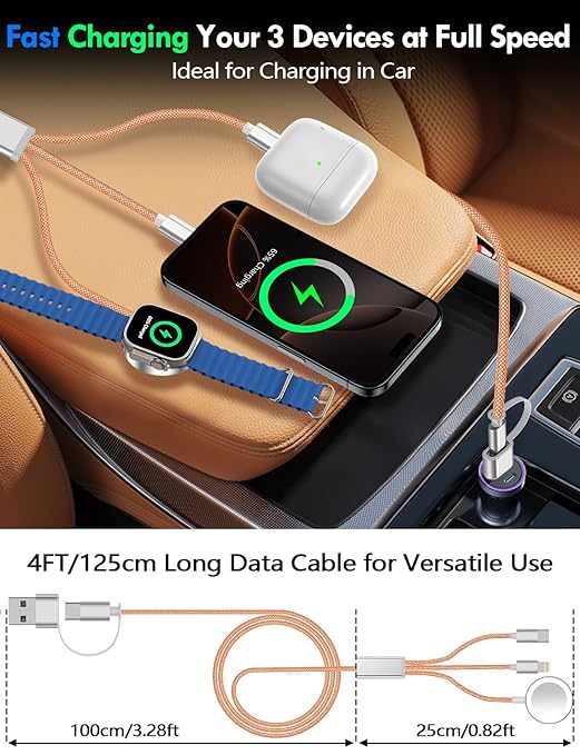 1Pack Multi Charging Cable Cord for Travel Essentials,Apple Watch Charger,iPhone Charger,[3-in-2] Type C/Lightning Cable Portable Designed for iWatch,iPhone 17-8,Galaxy S25-21,AirPods,iPad-4FT Orange