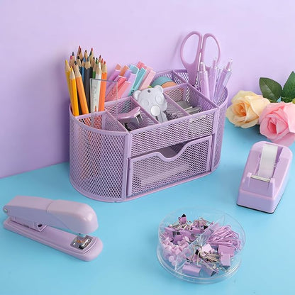 Office Supplies for Desk,14pcs Purple Desk Sets and Accessories, Office Supply Kit with Mesh Desktop Organizer and Stapler,Staple Remover, Staples,Tape Dispenser,Sticky Tabs,Scissors, Ruler