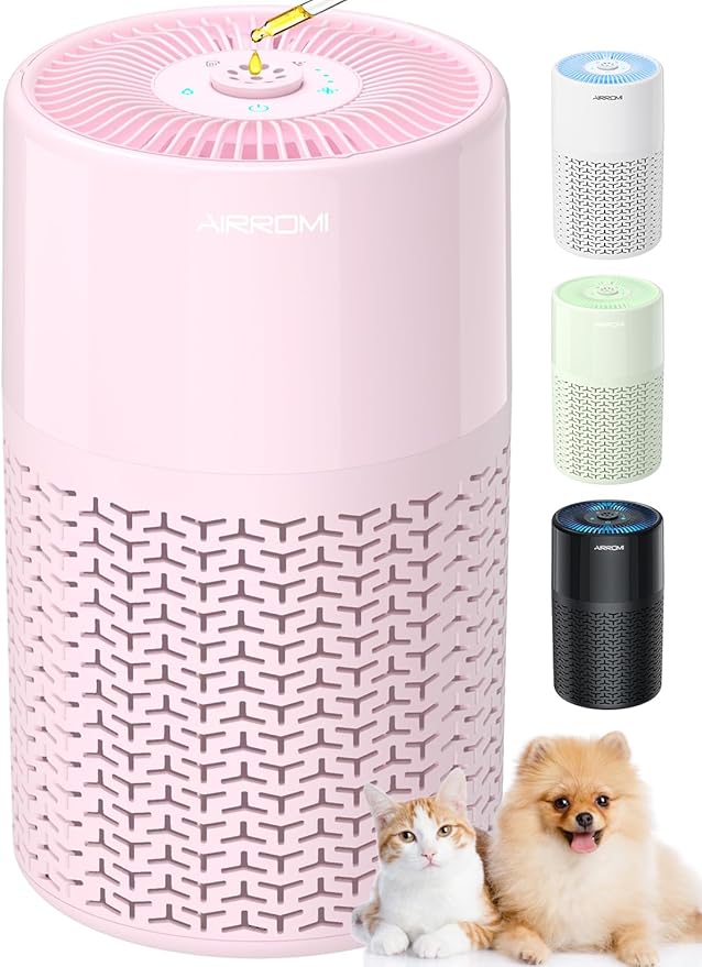 AIRROMI Pets Air Purifier for Home Allergies,Up to 660 ft².Yellow Deodorizing Activated Carbon Filter,With Fragrance Sponge for Better Sleep,Night Light,Pet Dander,Smoke,Odors,Air Cleaner A2002 Pink
