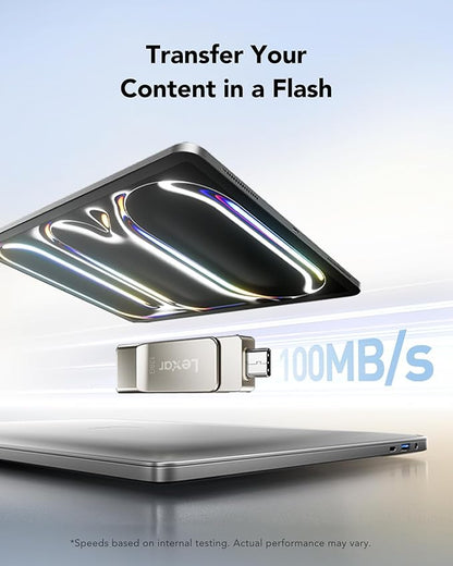 Lexar D40E 128GB Dual USB 3.2 Gen 1 Type-C Jump Drive, USB-C Flash Metal Housing Swivel Design Thumb Drive (Champagne Silver)