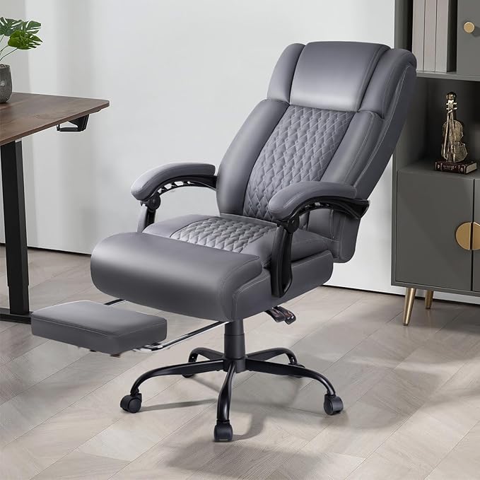 Big and Tall Office Chair with Foot Rest 400lbs, Heavy Duty Executive Leather Office Chair for Heavy People, Grey High Back Ergonomic Comfy Office Desk Chair with Lumbar Support and Footrest