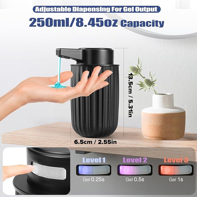 Automatic Soap Dispenser Liquid Touchless: 9oz Plastic Black - Rechargeable Electric Smart 3-Level Adjustable Modern Auto Soap Dispenser - Bathroom Kitchen Hand Dish Lotion