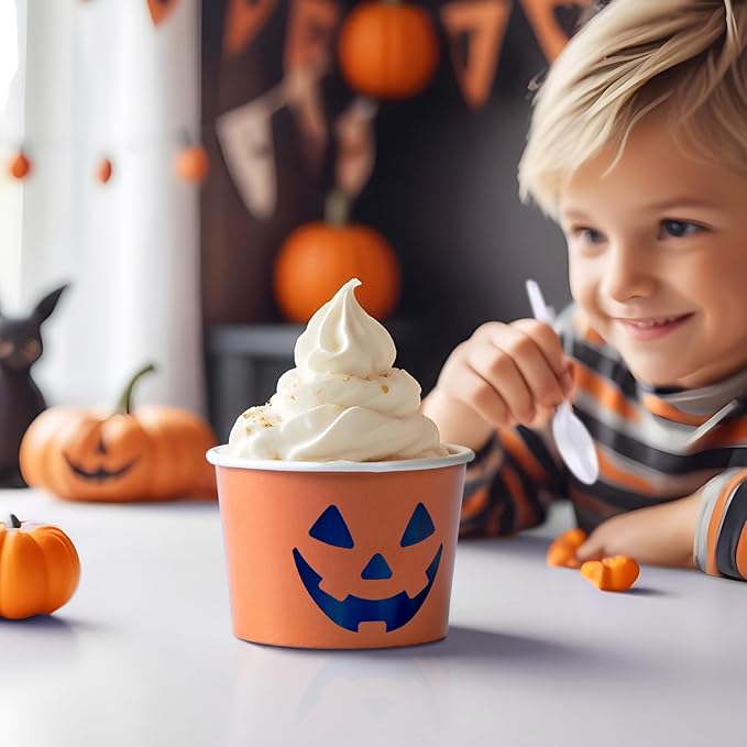 Paper Ice Cream Cups, 50-Count 9-Oz Disposable Dessert Bowls for Hot or Cold Food, 9-Ounce Halloween Party Supplies Treat Cups, Jack-O-Lantern, Orange