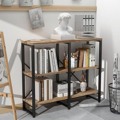 3 Tier Solid Real Wood Bookshelf Rustic Industrial Style 39.37" Width, Wooden Storage Shelves, Wooden and Metal Industrial Bookcase, Large Book Shelf Display Shelf for Home Office,Living Room