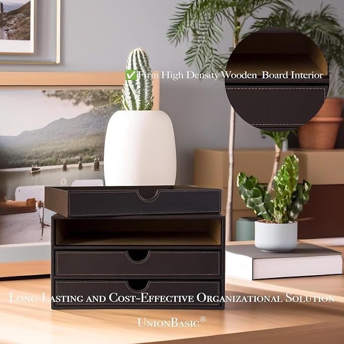 UnionBasic Leather Desktop Drawer Organizer, File Cabinet Magazine Document Holder, Office Supplies Desk Storage Organizer Box, 3 Drawer, Coffee