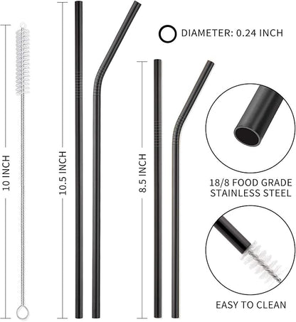 Hiware 12-Pack Black Stainless Steel Straws Reusable with Case - Metal Drinking Straws for 30oz and 20oz Tumblers Dishwasher Safe, 2 Cleaning Brushes Included