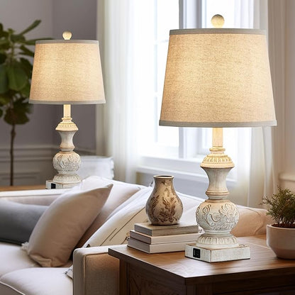 Farmhouse 3 Way Dimmable Touch Table Lamps for Living Room Set of 2 Traditional Rustic Bedside Lamps for Bedroom Nightstand 23.5" Vintage Carved Floral Night Light Lamps with USB Ports Bulb Included