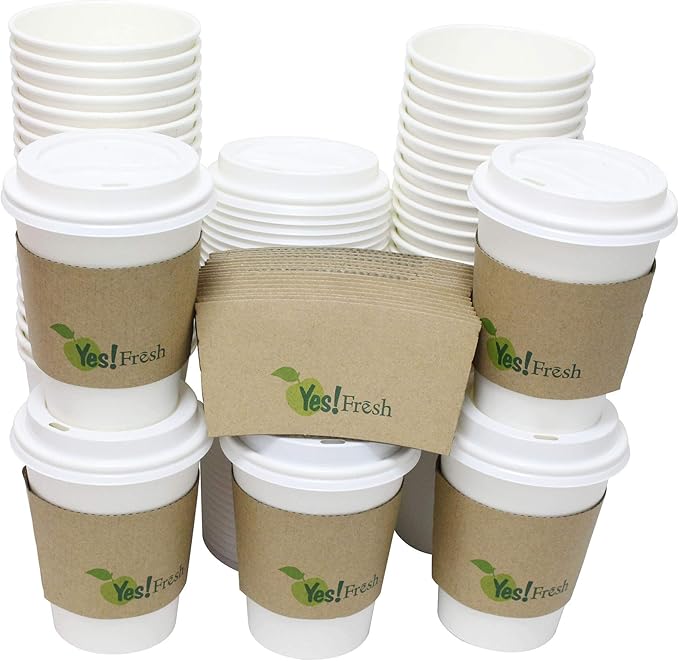 Yes!Fresh Disposable White 12 oz Paper Hot Coffee Cups with Lids for Office Parties Home Travel Corrugated Sleeve Hot Drink Cups(White 12 oz 50 count)