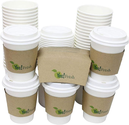 Yes!Fresh Disposable White 12 oz Paper Hot Coffee Cups with Lids for Office Parties Home Travel Corrugated Sleeve Hot Drink Cups(White 12 oz 50 count)
