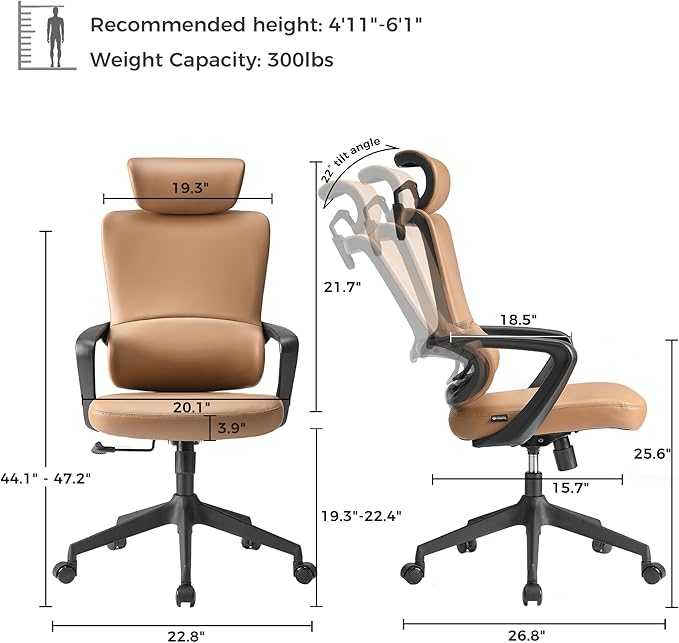 EUREKA ERGONOMIC Leather Desk Chair, High Back Office Chair, Microfiber PU Leather Office Chair with Wheels, Executive Office Chair Comfy for Home & Office, Brown