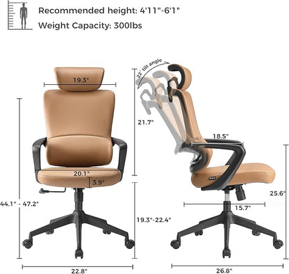 EUREKA ERGONOMIC Leather Desk Chair, High Back Office Chair, Microfiber PU Leather Office Chair with Wheels, Executive Office Chair Comfy for Home & Office, Brown